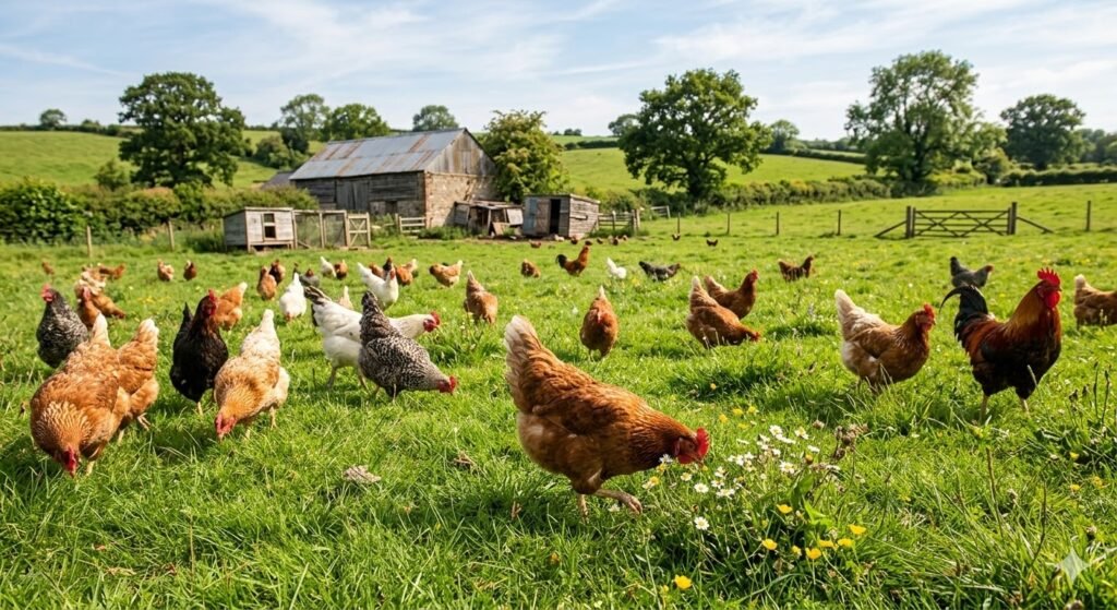 "Hens roaming freely on a green field as part of ethical farming to produce a healthy free range egg
