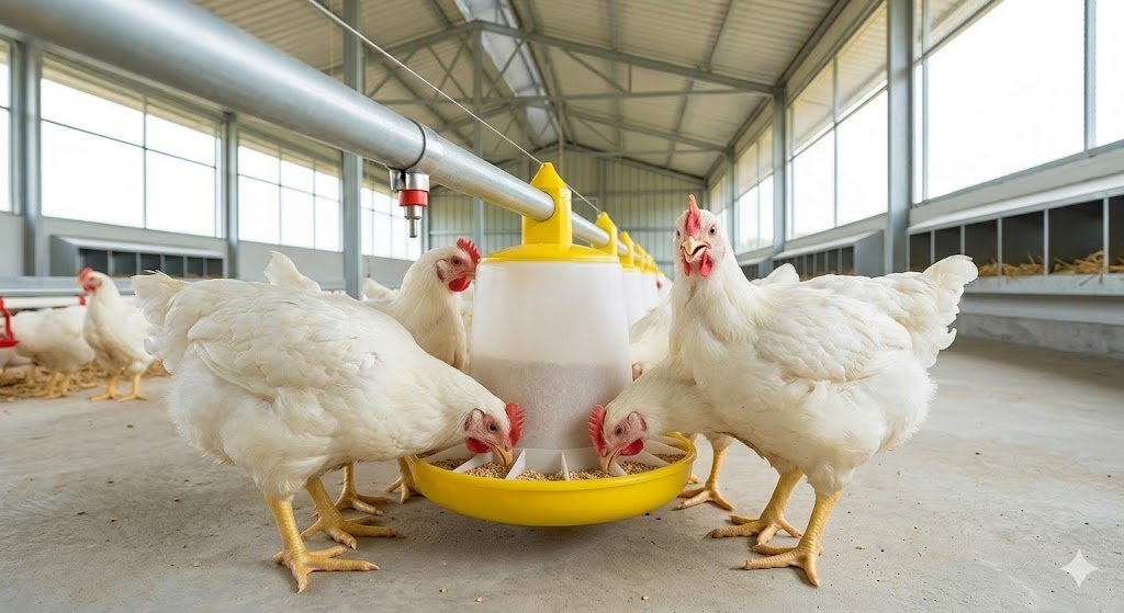 "Active chickens feeding from yellow and white plastic feeders inside a clean modern poultry coop.
