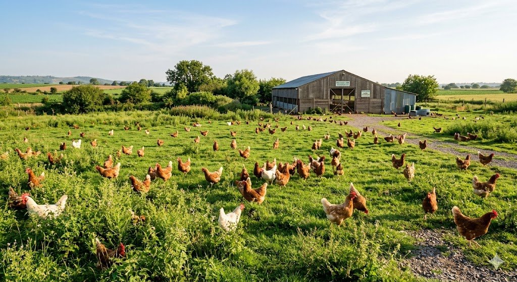Free-range hens roaming in a sunny, green field at Beak Bliss Farm.