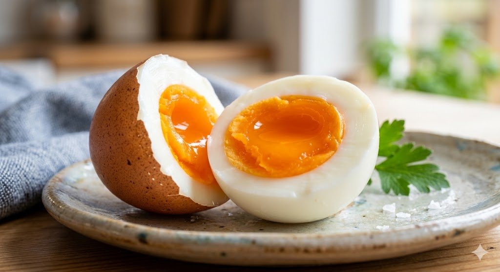 Sliced boiled brown egg with a deep orange yolk showing high quality.