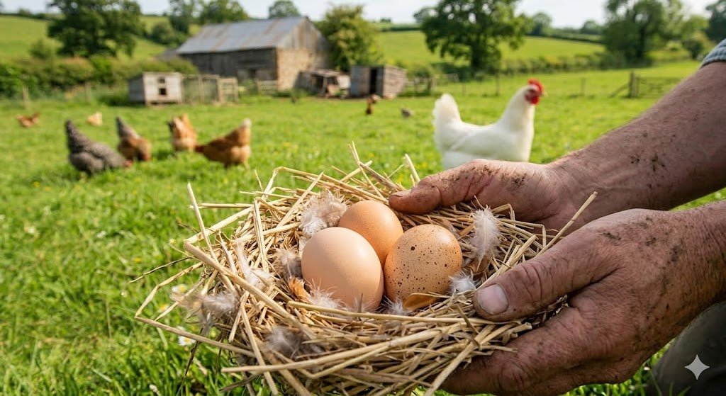 Fresh organic free range egg in a basket on green grass