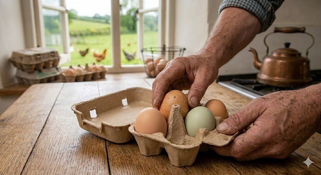 Storing a free range egg in a carton for freshness