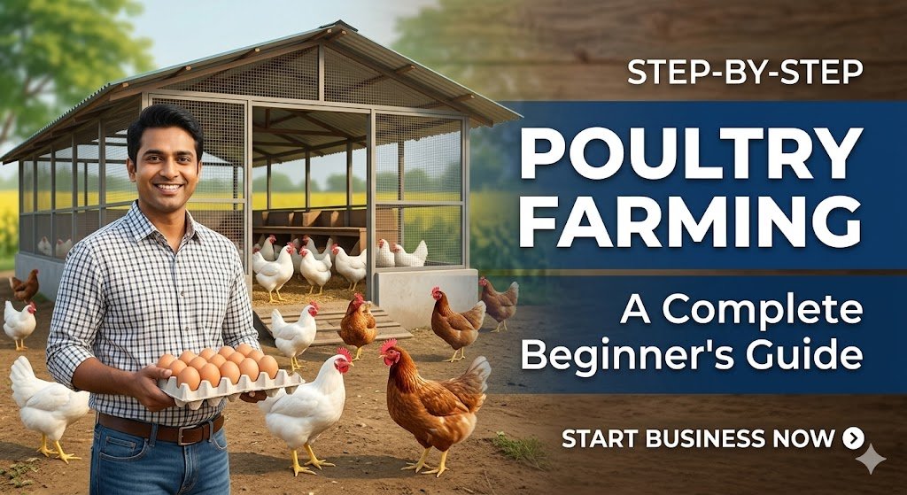 "A farmer holding fresh eggs at a poultry farm with chickens and a clean shed.