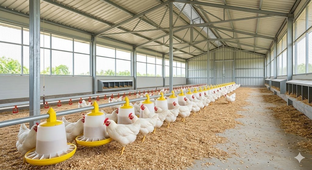 Inside view of a shed for how to start poultry farm