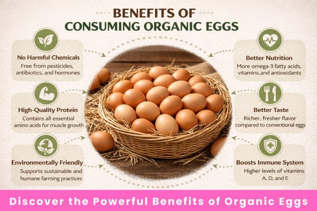 Infographic showing the health and nutrition benefits of consuming organic eggs.