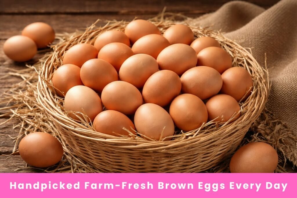 Wicker basket filled with fresh brown eggs placed on straw and a wooden table.