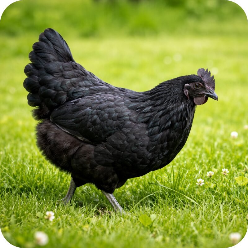 Single Kadaknath chicken grazing naturally in a green grass field outdoors