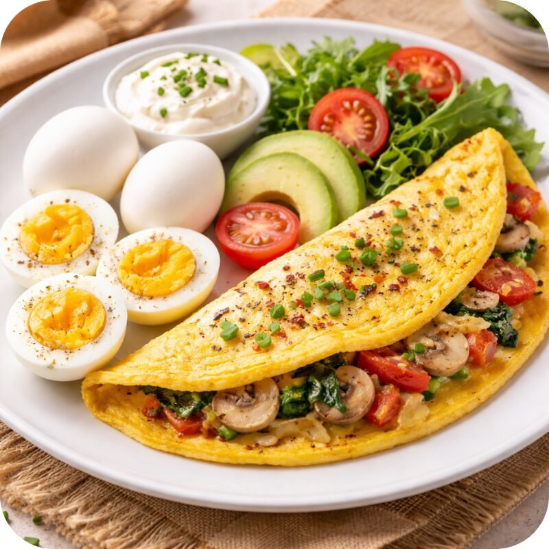 Plate with boiled eggs and a decorated omelette served with fresh vegetables